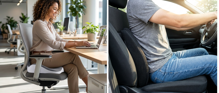 Memory foam seat cushion and lumbar support cushion in use —  woman in office chair and man driving for all-day ergonomic comfort