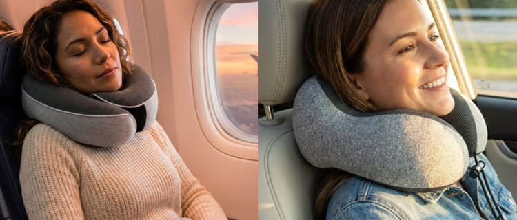 Memory foam travel neck pillows in use — 360° wraparound  and adjustable drawstring options for flights and road trips