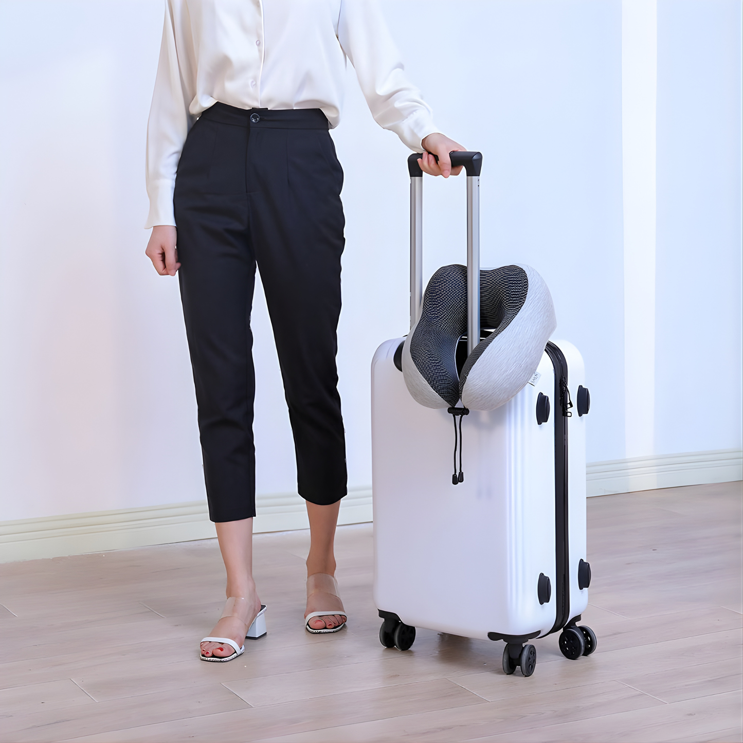 Woman traveler with suitcase wearing adjustable memory foam travel neck pillow — portable travel comfort