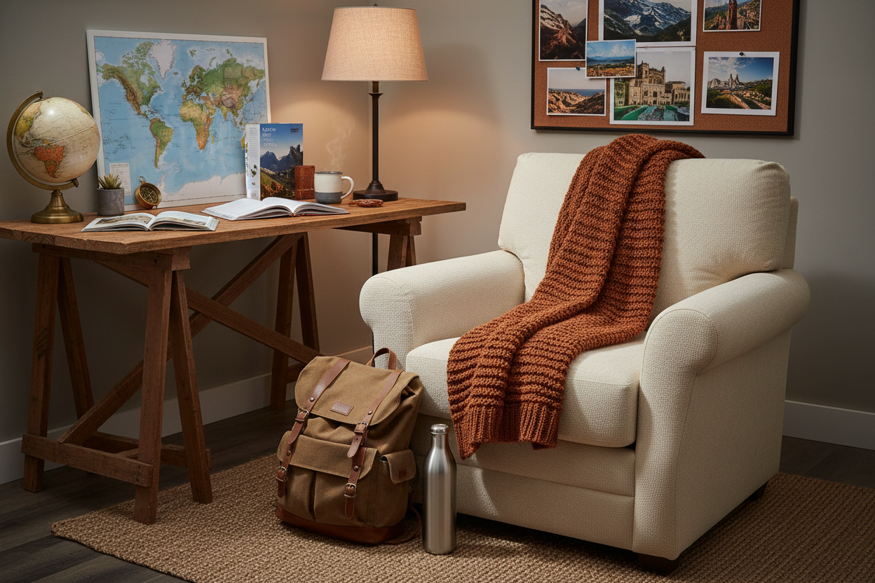 Cozy home office with travel inspiration