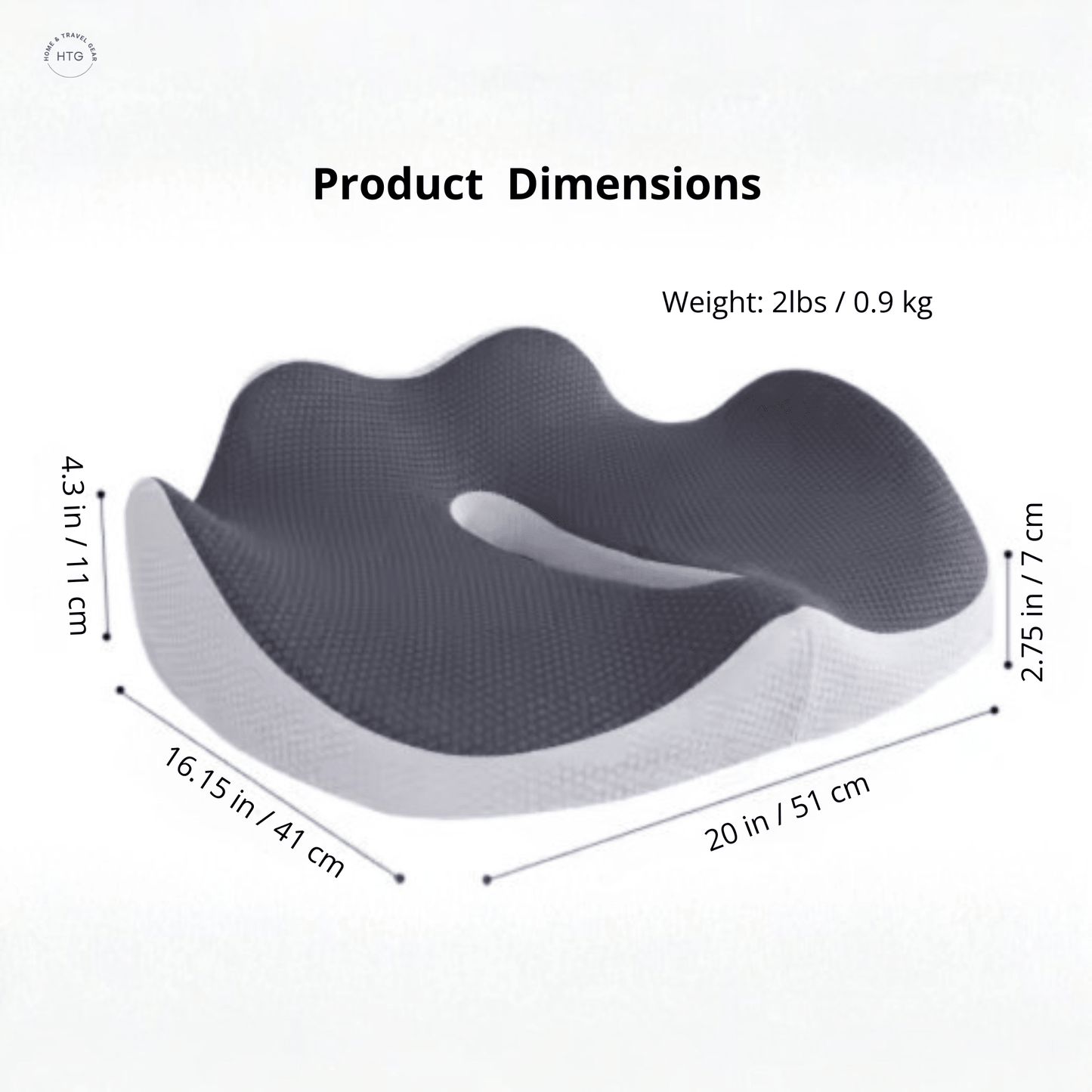 Ergonomic Memory Foam Seat Cushion - weight and dimensions in inches and cm.