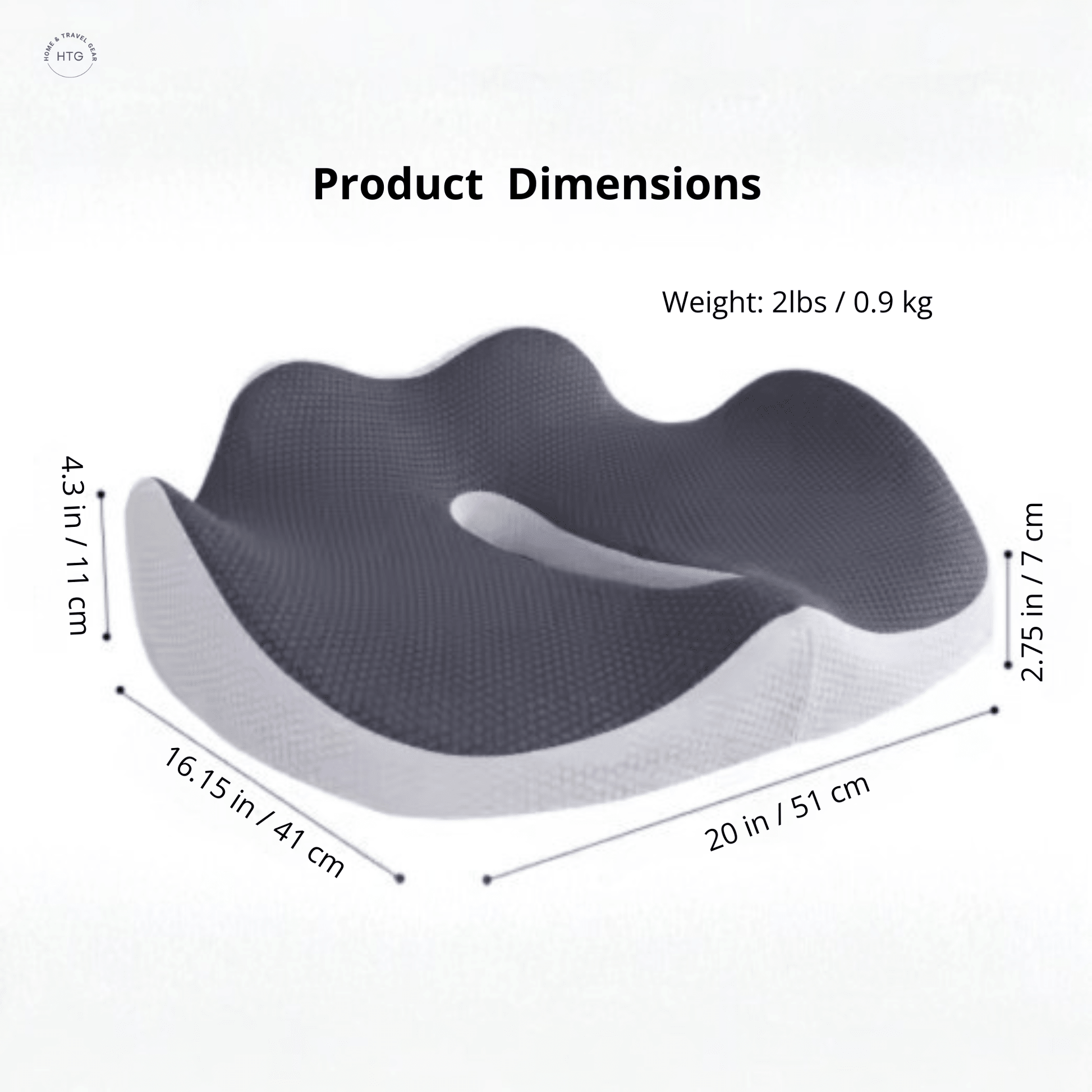 Ergonomic Memory Foam Seat Cushion - weight and dimensions in inches and cm.