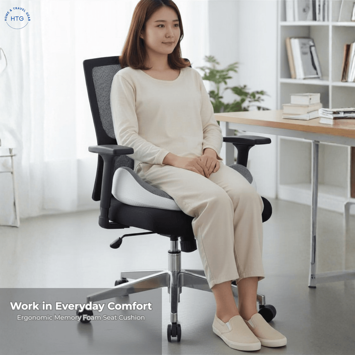 Woman seat on the seat cushion placed on the office
