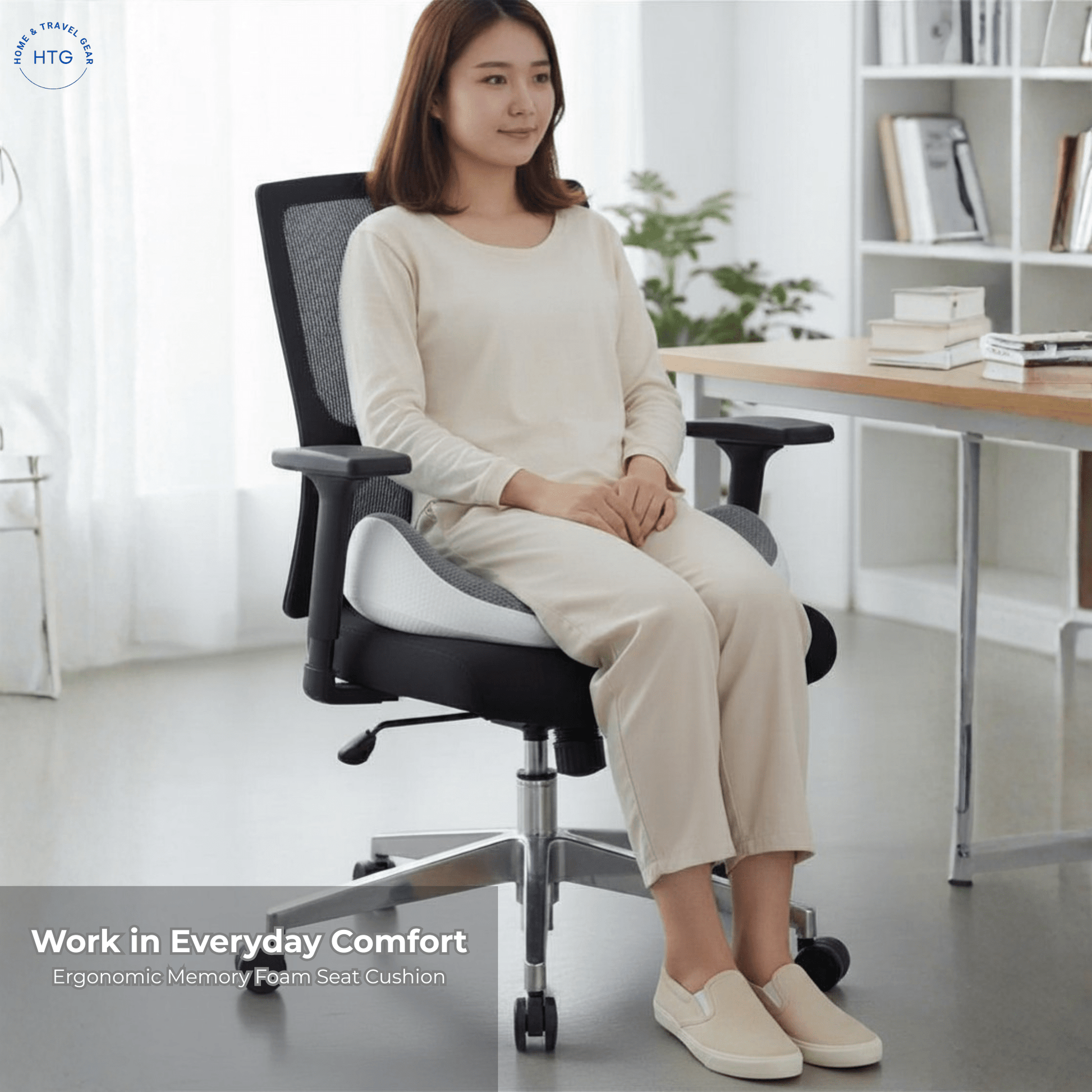 Woman seat on the seat cushion placed on the office