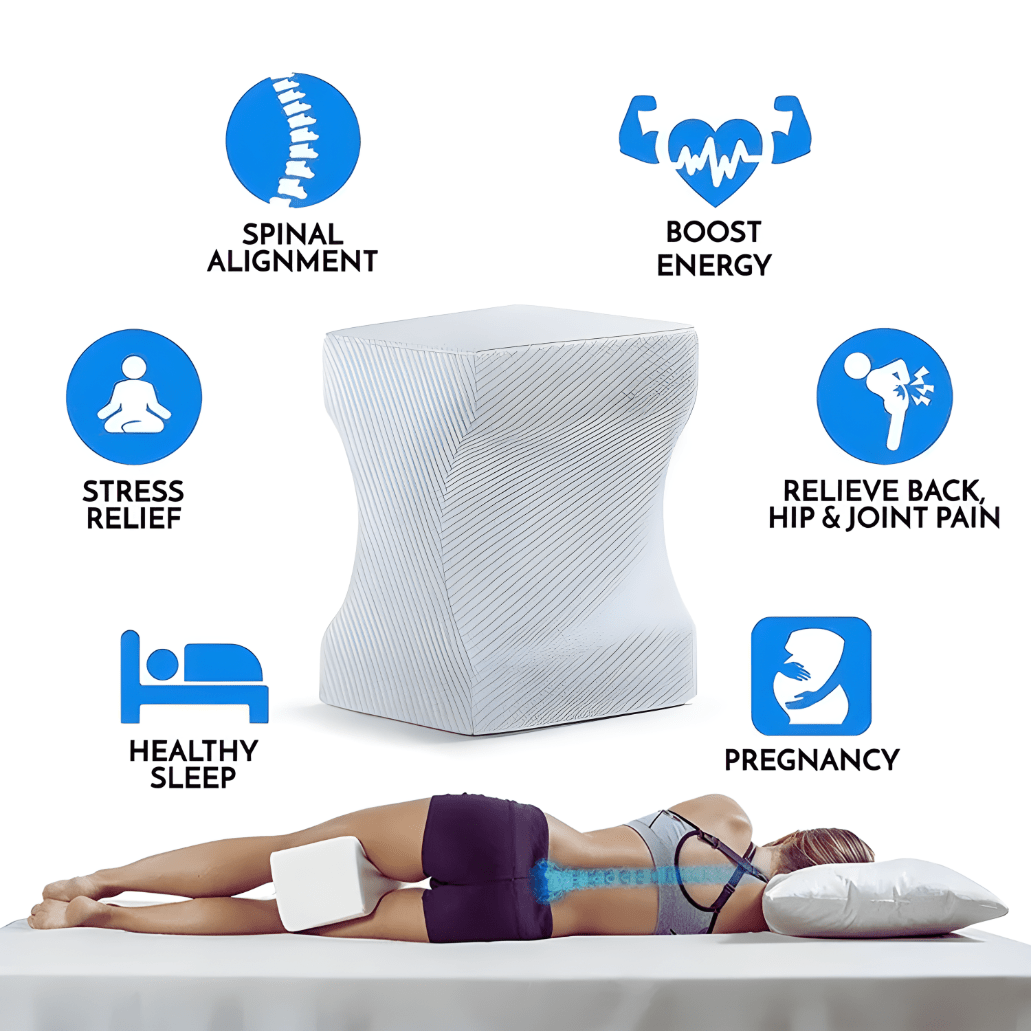 Memory foam knee pillow ergonomic design for hip and spine alignment