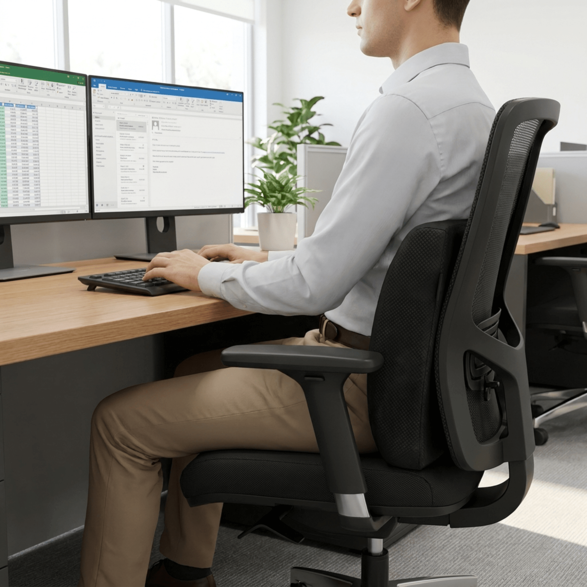 Memory Foam Lumbar Support Cushion — person seated on a office chair with lumbar cushion on the person back