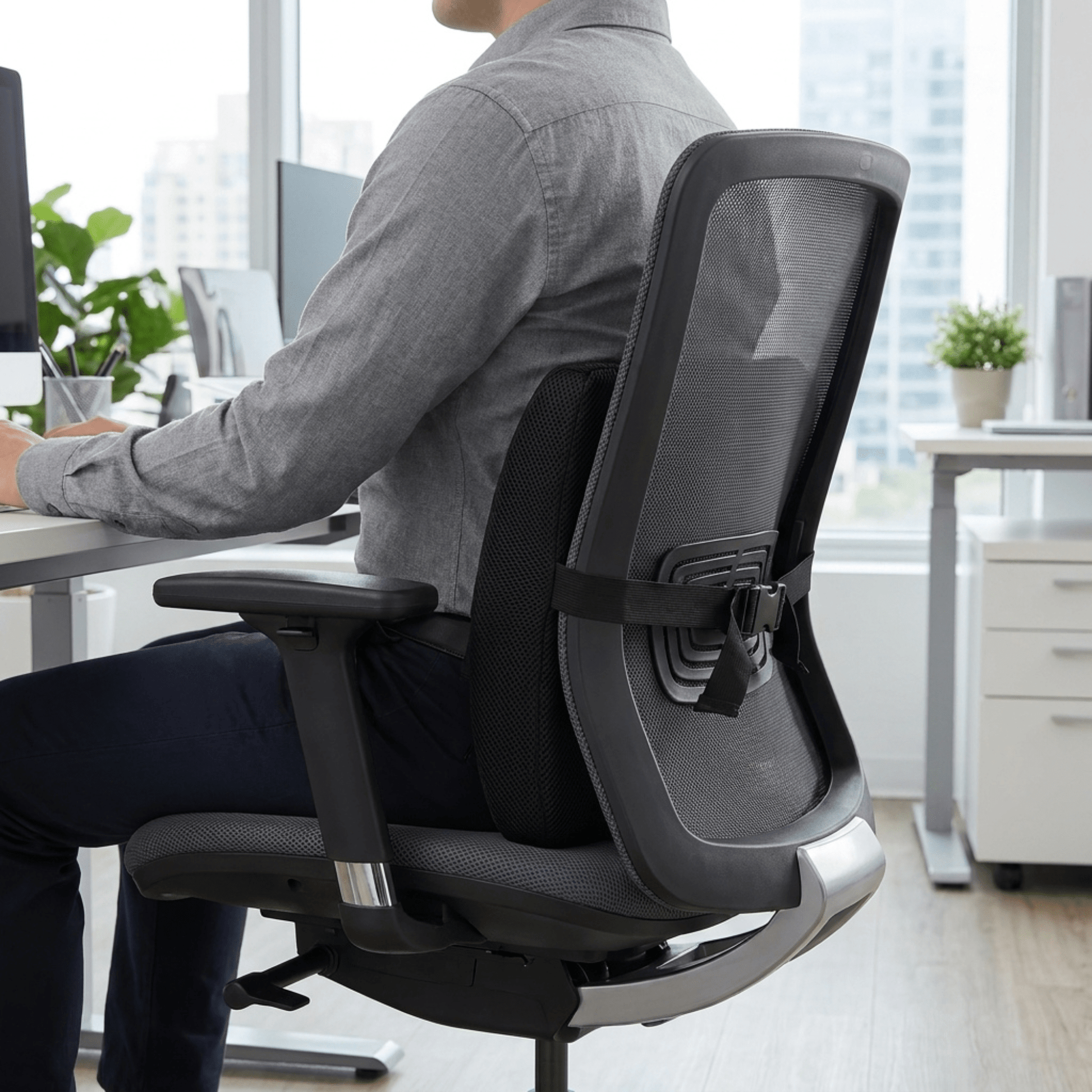 Memory Foam Lumbar Support Cushion — placed on a office chair
