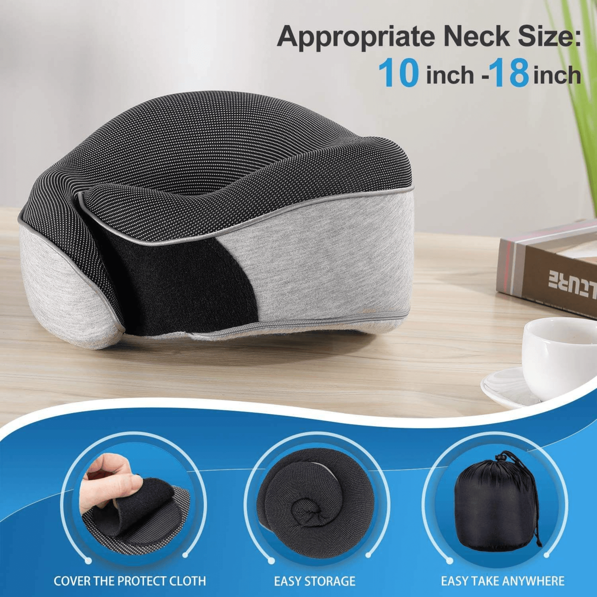 Memory Foam Travel Neck Pillow Set — 360° Support with Sleep Mask, Ear Plugs & Carry Bag - dimensions and storage