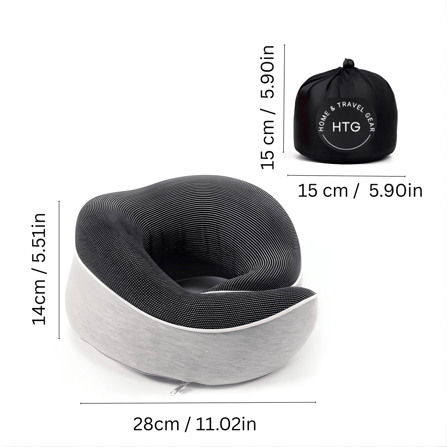 Memory Foam Travel Neck Pillow Set — 360° Support with Sleep Mask, Ear Plugs & Carry Bag - dimensions