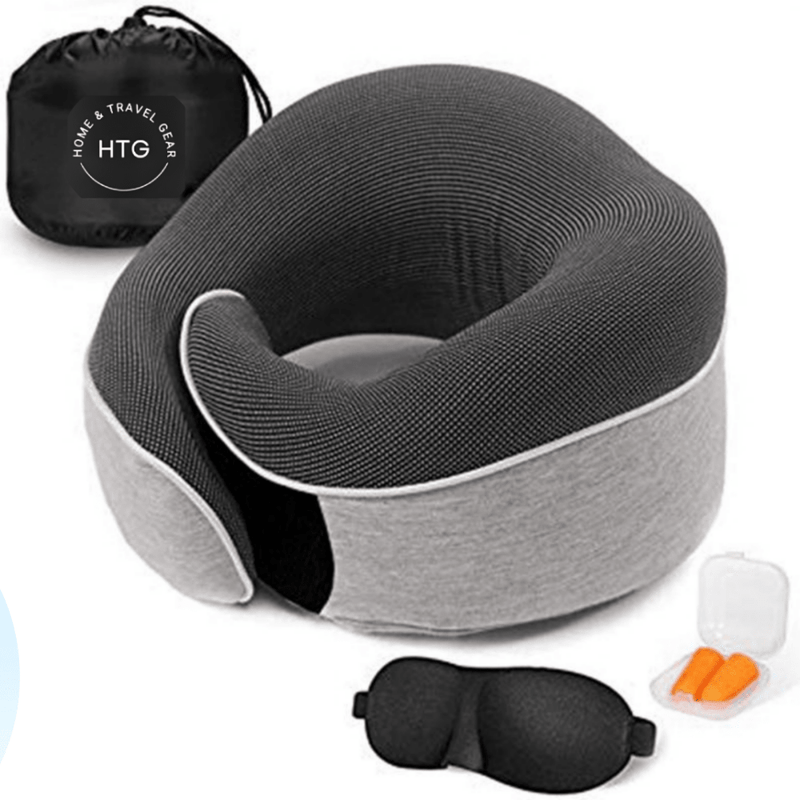 Memory Foam Travel Neck Pillow Set — 360° Support with Sleep Mask, Ear Plugs & Carry Bag - Home and Travel Gear