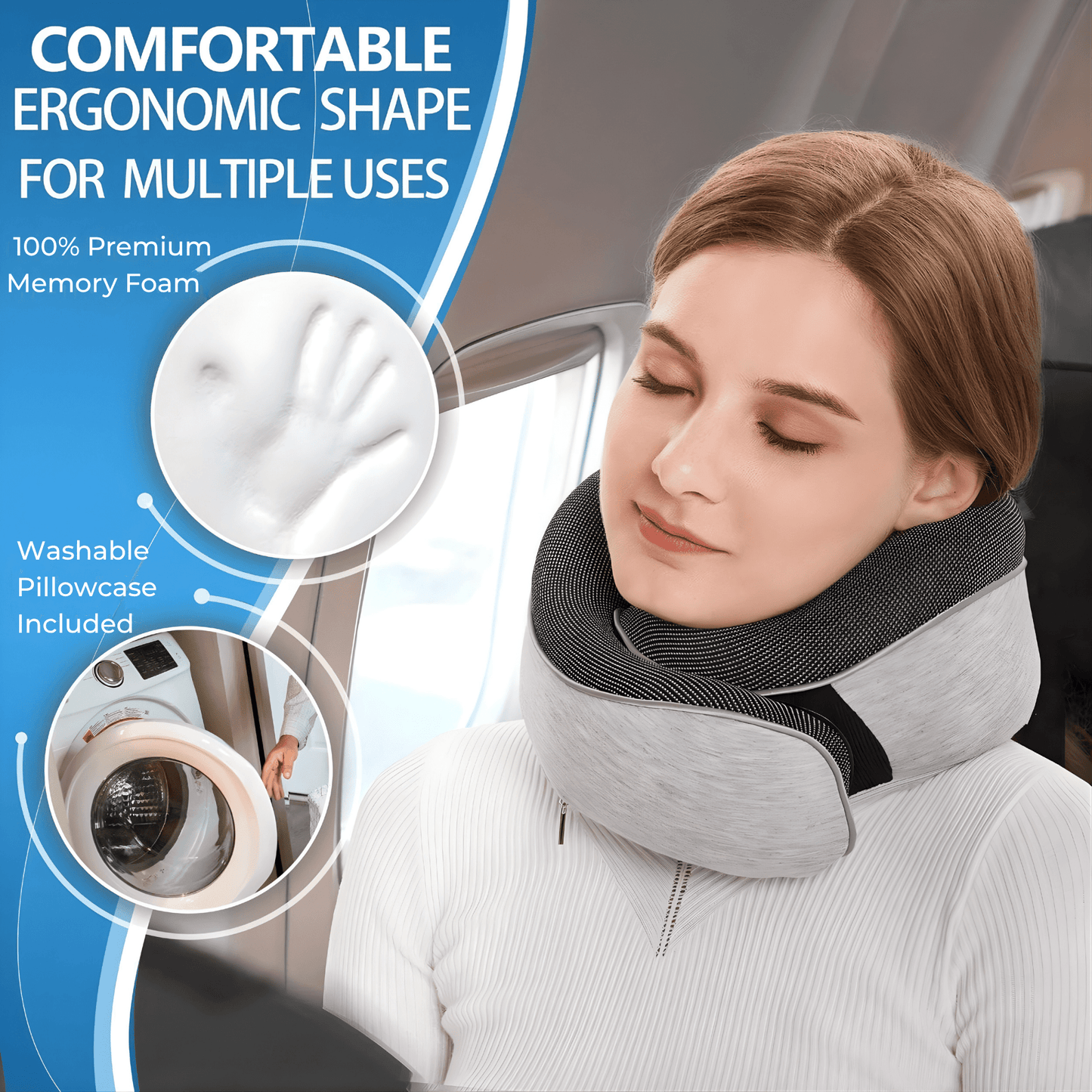 Memory Foam Travel Neck Pillow Set — 360° Support with Sleep Mask, Ear Plugs & Carry Bag - features