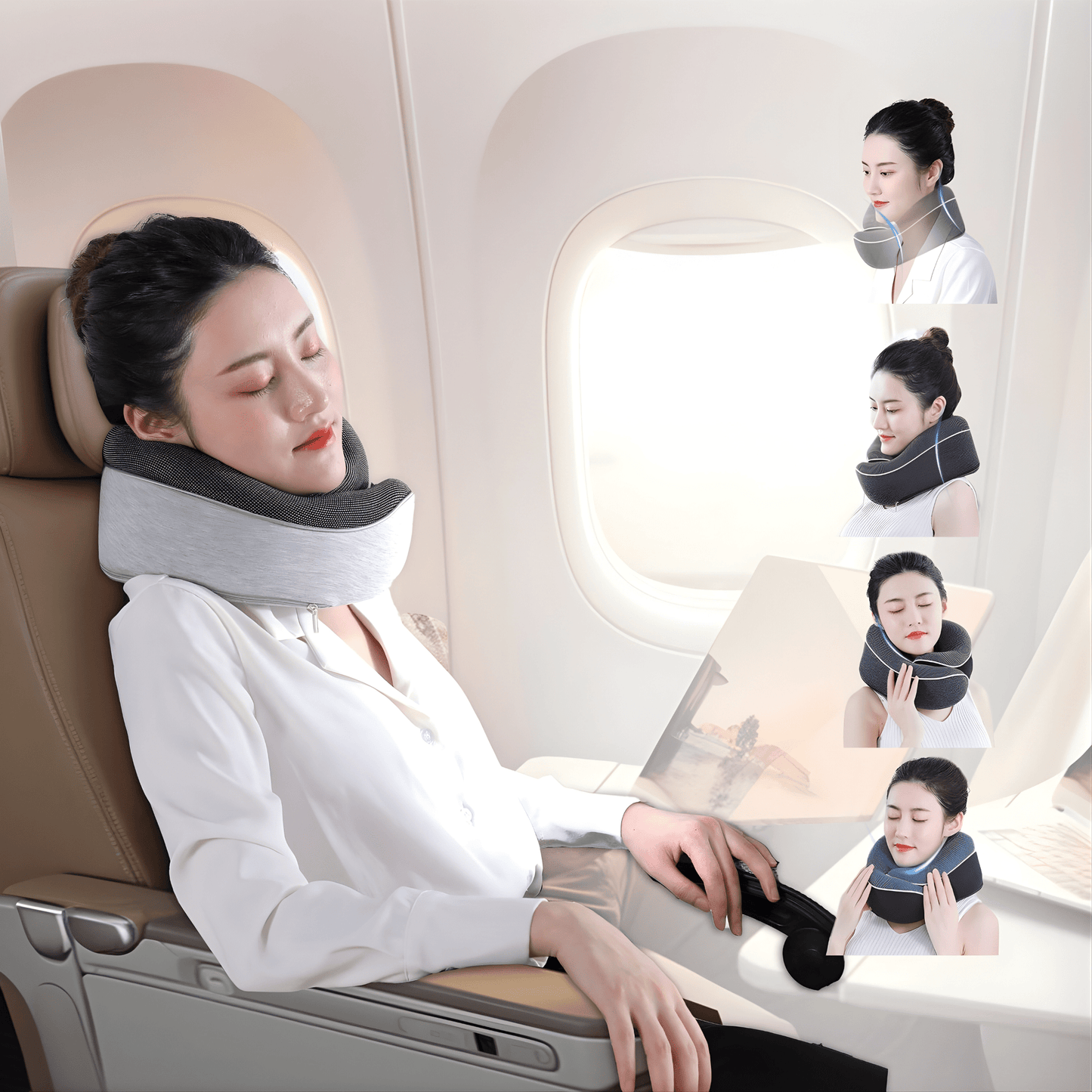 Memory Foam Travel Neck Pillow Set — 360° Support with Sleep Mask, Ear Plugs & Carry Bag - different ways to wear around the neck for comfort