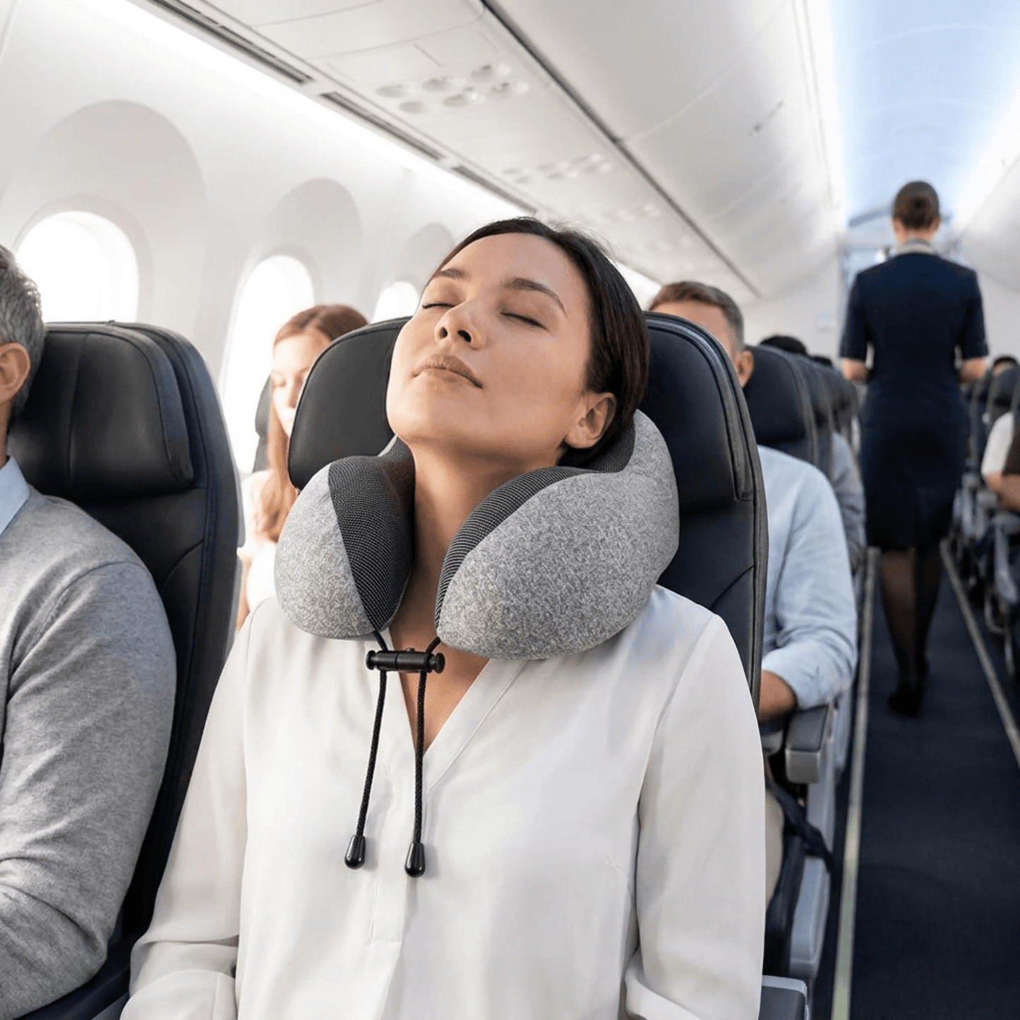 Memory Foam Travel Neck Pillow Set — Adjustable Drawstring Fit with Sleep Mask, Ear Plugs & Carry Bag - for airplane travel