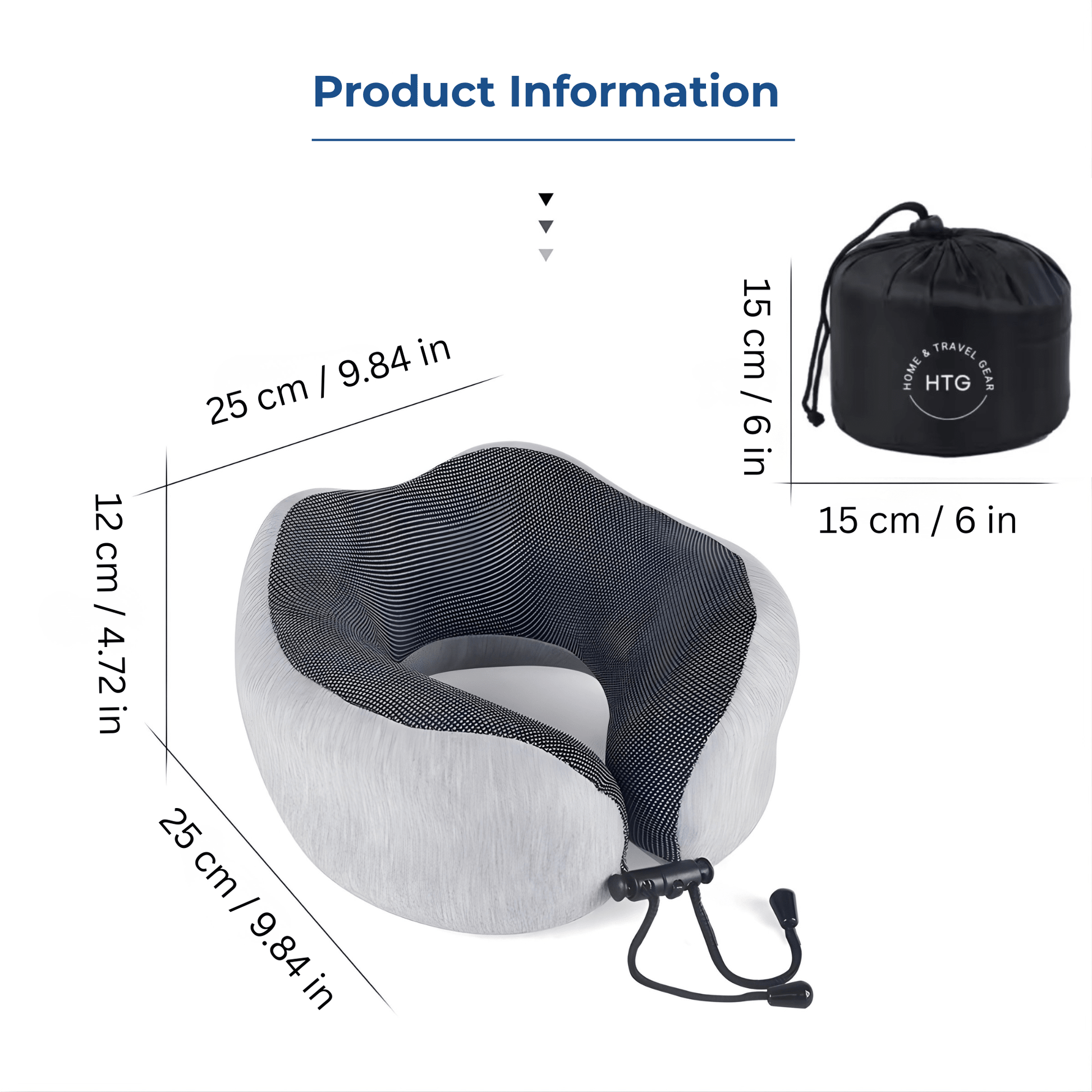 Memory Foam Travel Neck Pillow Set — Adjustable Drawstring Fit with Sleep Mask, Ear Plugs & Carry Bag - dimensions