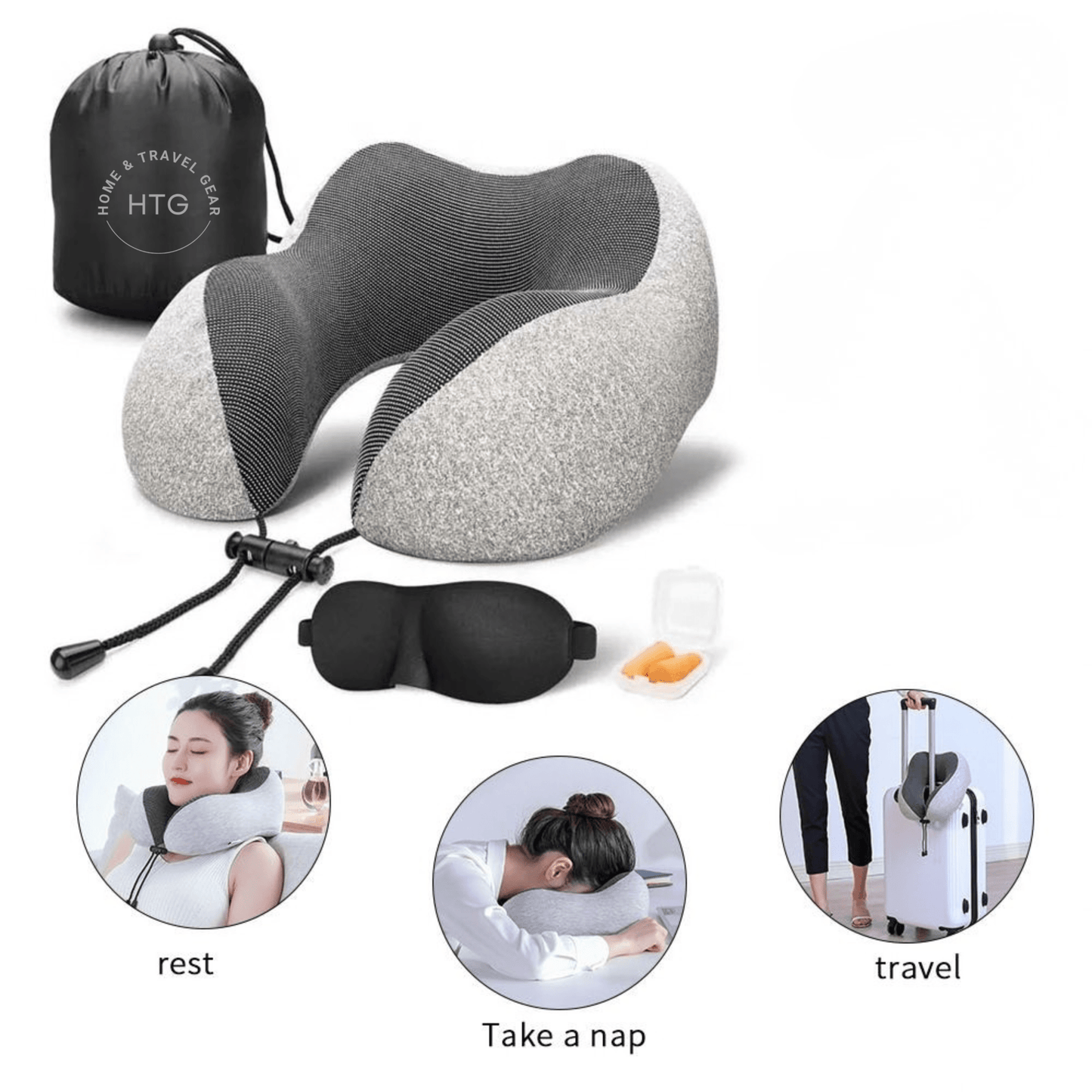 Memory Foam Travel Neck Pillow Set — Adjustable Drawstring Fit with Sleep Mask, Ear Plugs & Carry Bag - Home and Travel Gear