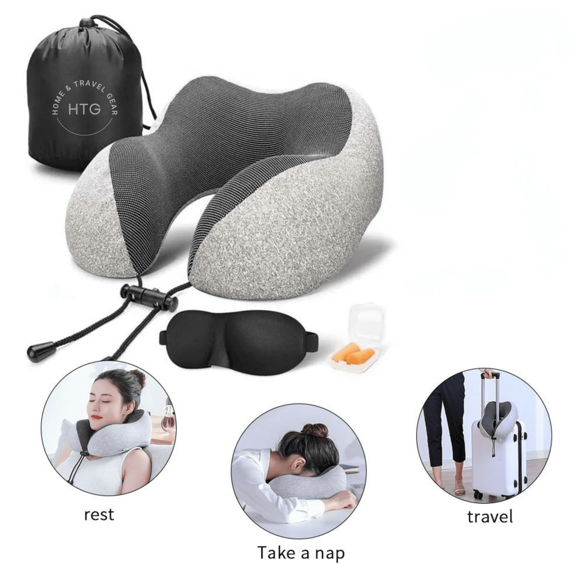 Memory Foam Travel Neck Pillow Set — Adjustable Drawstring Fit with Sleep Mask, Ear Plugs & Carry Bag - Home and Travel Gear