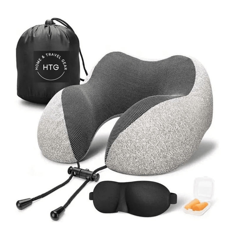 Memory Foam Travel Neck Pillow Set — Adjustable Drawstring Fit with Sleep Mask, Ear Plugs & Carry Bag - Home and Travel Gear
