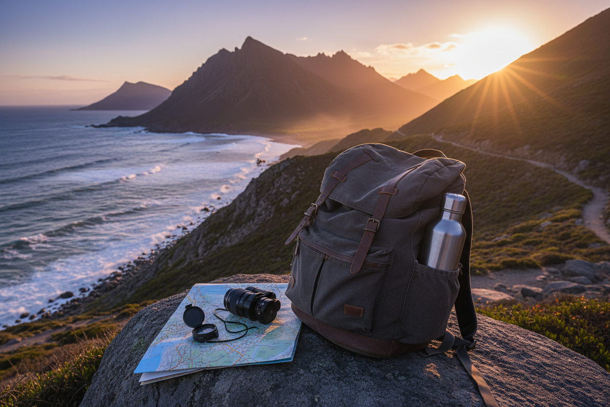 Scenic travel destination with gear