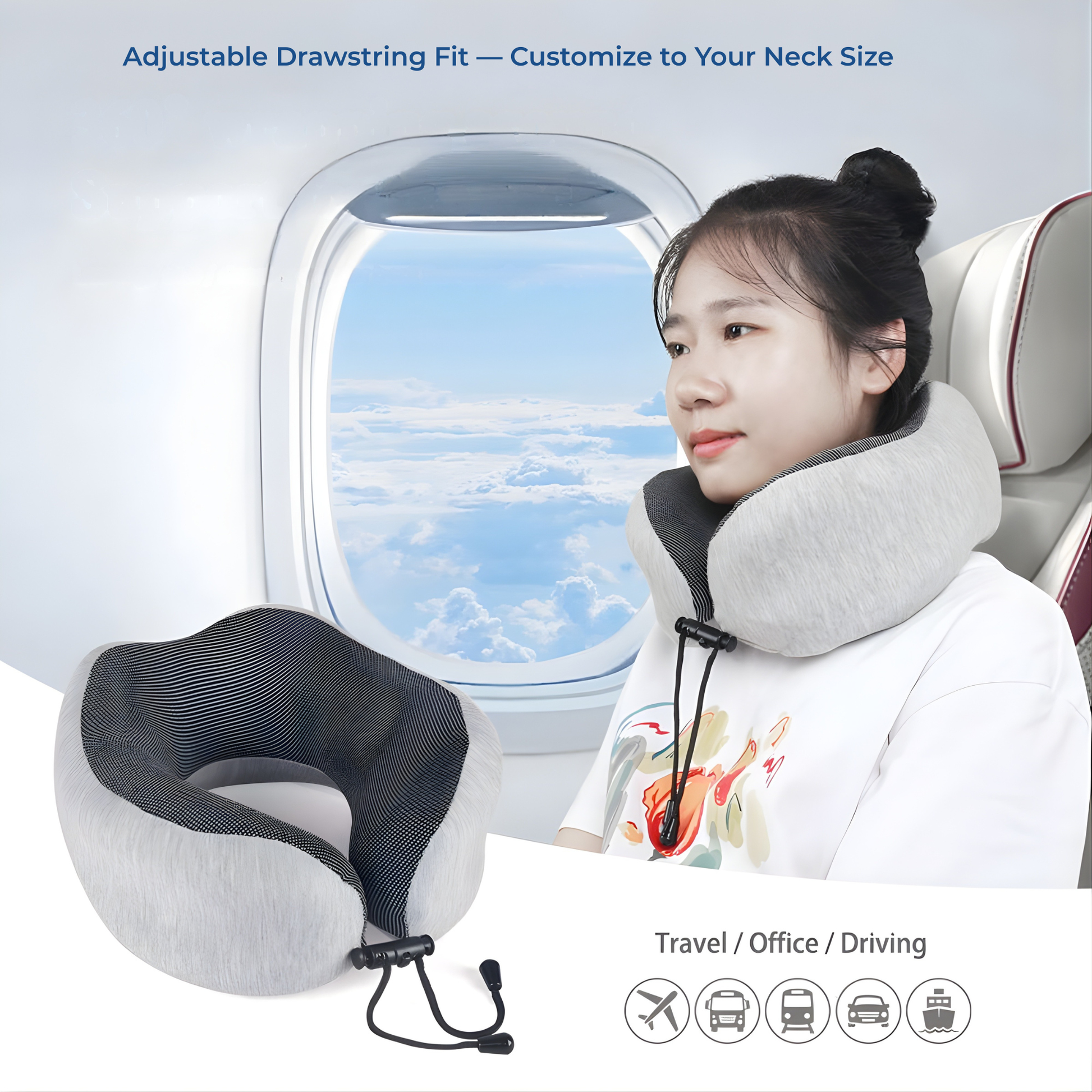 Adjustable drawstring travel neck pillow — customize fit to your neck size for personalized comfort