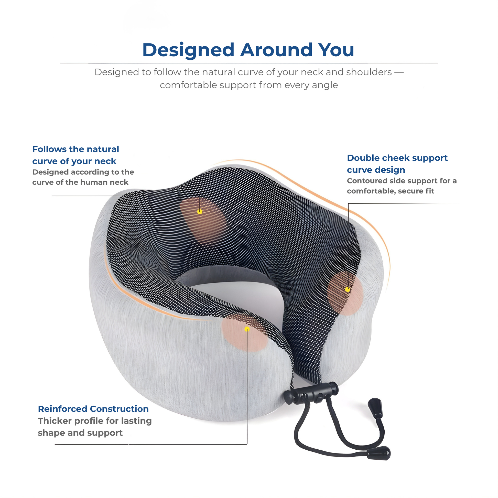 Travel neck pillow design features — follows natural neck curve, double cheek support, reinforced chin profile